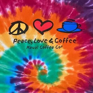 Peace Love & Coffee KAUAI coffee Co tie-dye men's Large T-Shirt multicolored
